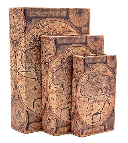 Bellaa Decorative Book Box Antiques Vintage Retro Invisible Secret Storage Faux Leather Wood Magnetic Set of 3 A Antique Map
