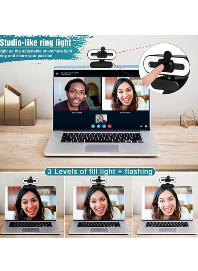 4K Webcam, 1080P 4K Full HD Webcam with Ring Fill Light Laptop Computer Live Video Streaming Webcam with Microphone Rotating Camera HD Streaming Webcam - Image 4
