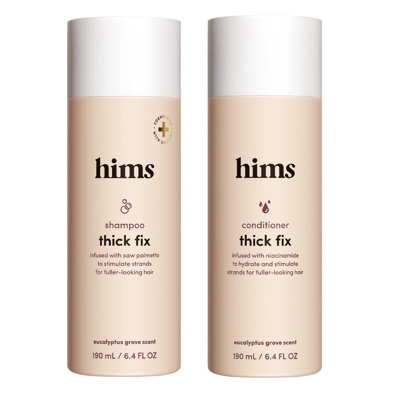 HIMS & HERS مجموعة شامبو وبلسم هيمس ثيك فيكس - شامبو وبلسم مكثف مع بالميتوسا ونياسيناميد - خالي من البارابين أو الكبريتات، نباتي وخالي من القسوة - غابة الأوكالبتوس، عبوتين، 6.4 أونصة سائلة - Image 1