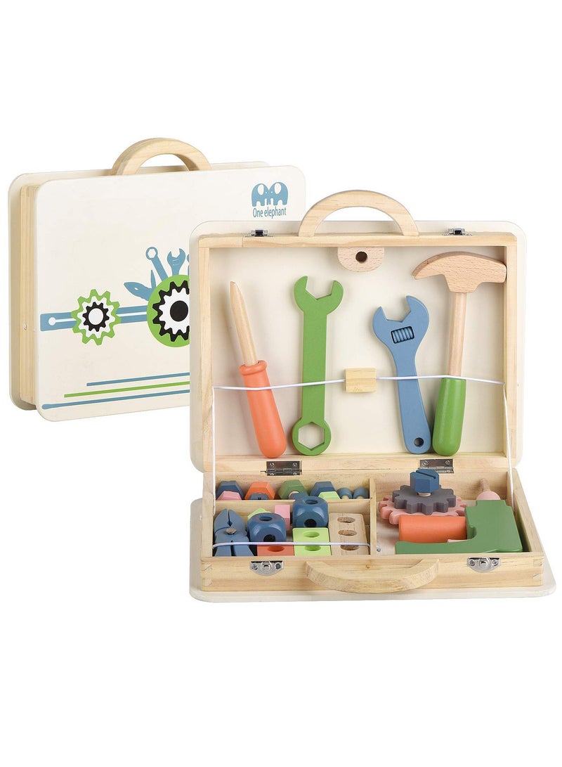 SYOSI 43 قطعة صندوق أدوات خشبية مجموعة أدوات البناء، لعبة تمثيل البناء للأطفال، مجموعة لعب الأدوار للأولاد والبنات من 3 4 5 سنوات، لعبة تعليمية للتطوير المبكر - Image 1