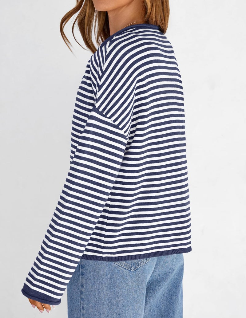 MEROKEETY Womens Striped Cardigan Sweaters 2026 Button Lightweight Long Sleeve Loose Knit Fall Sweater Clothes, Navy, Small - Image 3