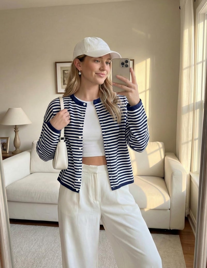 MEROKEETY Womens Striped Cardigan Sweaters 2026 Button Lightweight Long Sleeve Loose Knit Fall Sweater Clothes, Navy, Small - Image 5