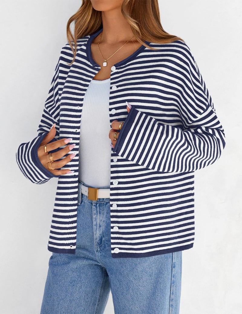 MEROKEETY Womens Striped Cardigan Sweaters 2026 Button Lightweight Long Sleeve Loose Knit Fall Sweater Clothes, Navy, Small - Image 2