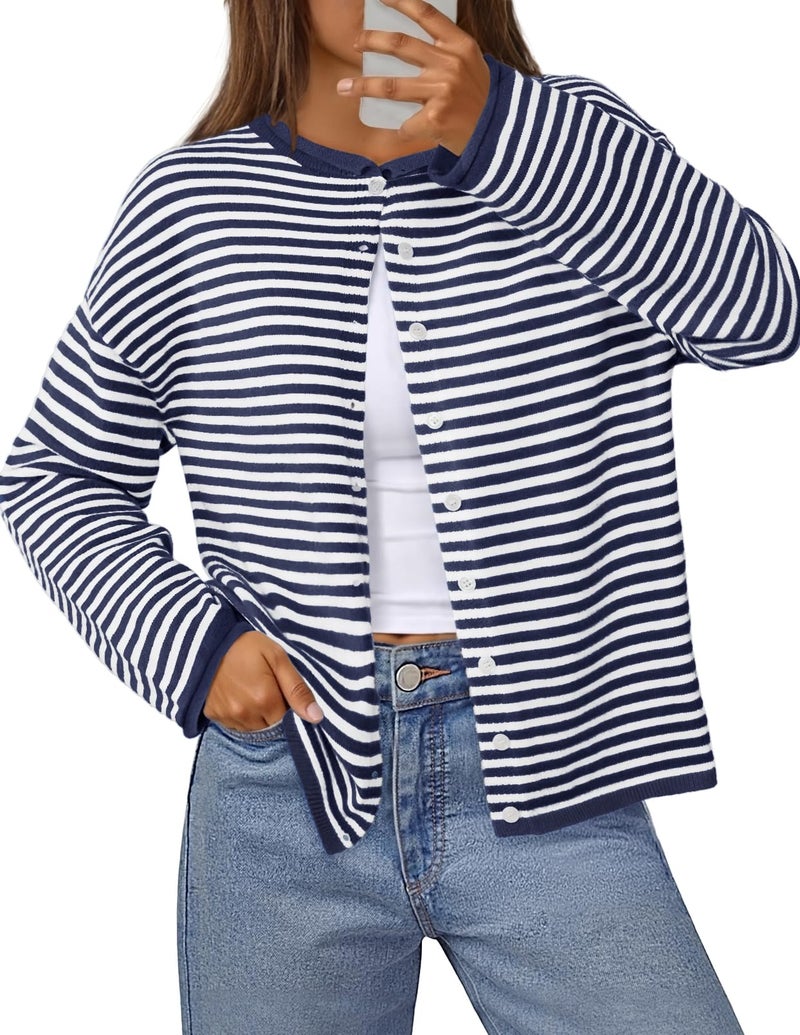 MEROKEETY Womens Striped Cardigan Sweaters 2026 Button Lightweight Long Sleeve Loose Knit Fall Sweater Clothes, Navy, Small - Image 1