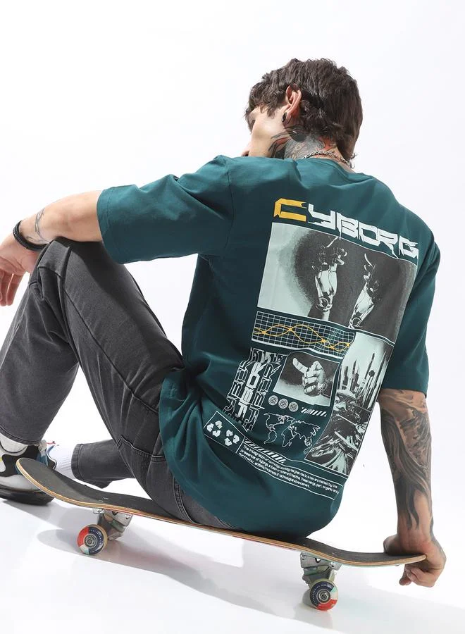 Hubberholme Men Cyborg Graphic Printed Round Neck Cotton Oversized T-shirt