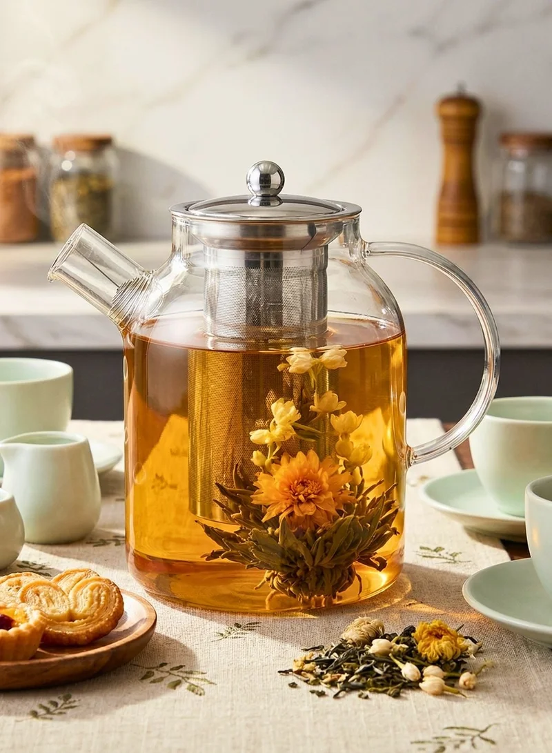 1Chase Borosilicate Glass Teapot with Stainless Steel Infuser & Removable Lid | 1600ml Large Capacity Loose Leaf Tea Strainer with Heat-Resistant Tea Pot Filter for Kitchen