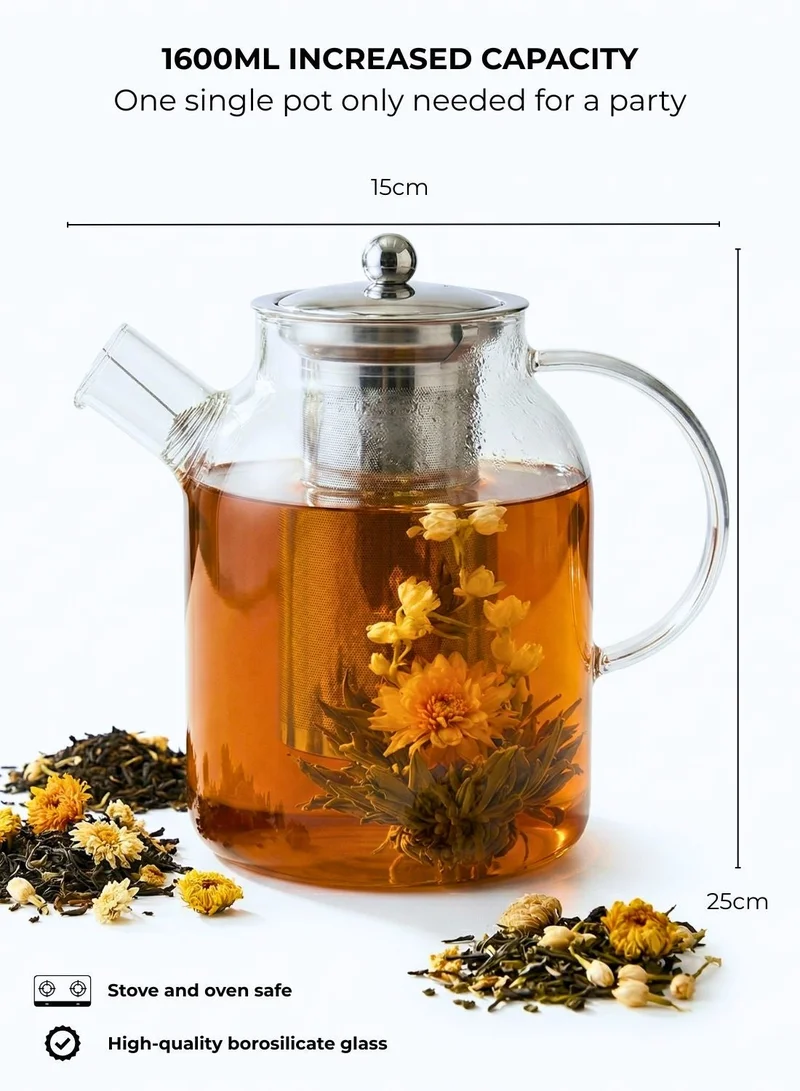 1Chase Borosilicate Glass Teapot with Stainless Steel Infuser & Removable Lid | 1600ml Large Capacity Loose Leaf Tea Strainer with Heat-Resistant Tea Pot Filter for Kitchen