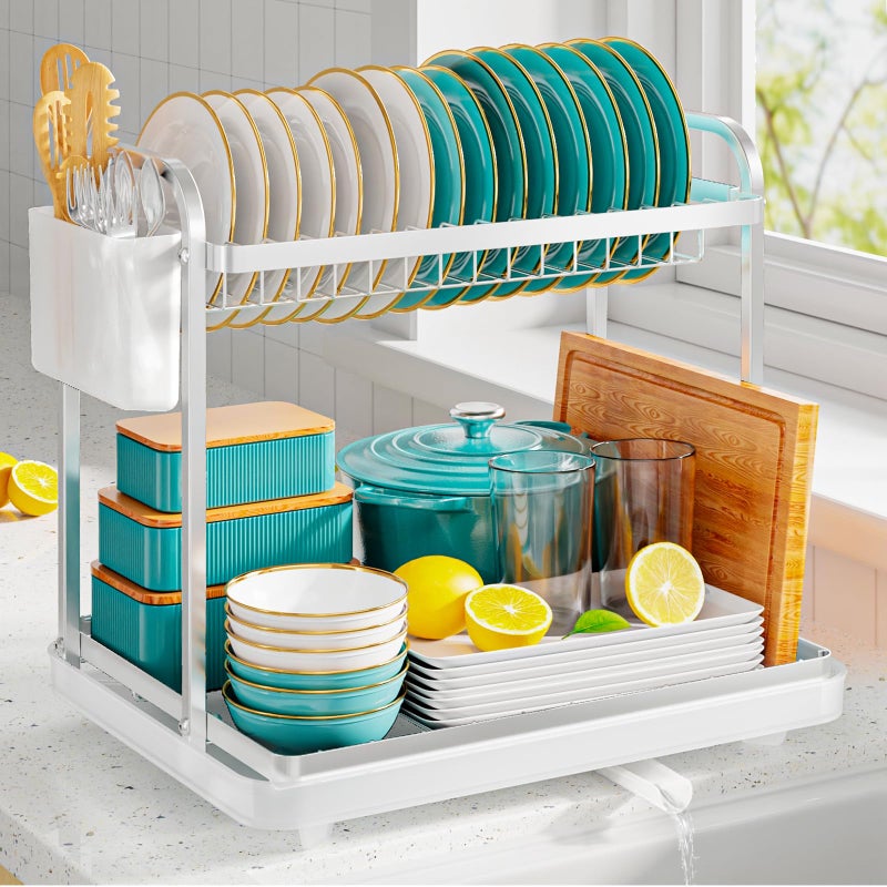 Sakugi 2-Tier Dish Drying Rack - Stainless Steel Dish Rack with Cutlery & Utensil Holders for Kitchen Counter, Sink Organization and Storage for Small Family, 15" W x 11.4" L x 15" H, Silver - Image 1
