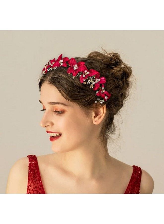 DonLeeving - Bridal Red Crystal Headband Princess Flower Hair Vine Headpiece Pearl Wedding Queen Crowns And Tiaras Bride Floral Red Headband For Women And Girls Halloween Decor - Image 1