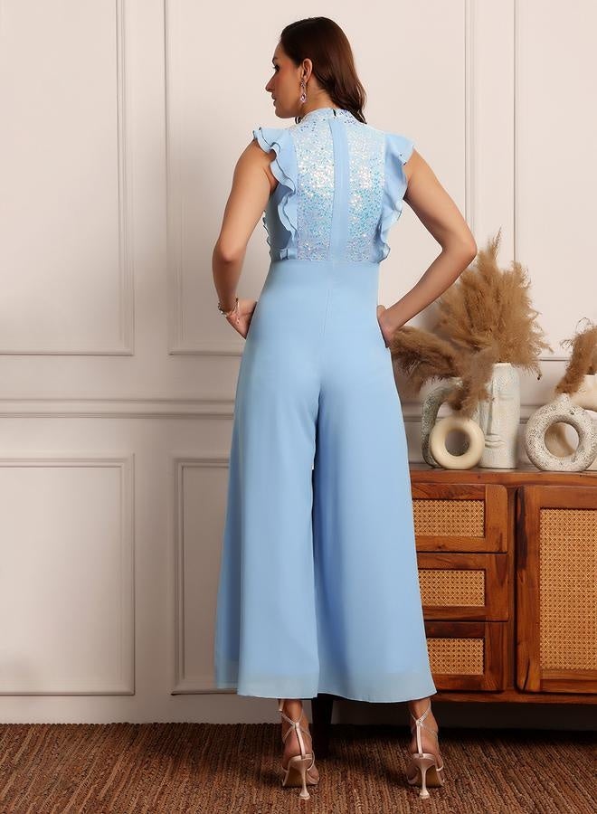 ستايلي جمبسوت بدون أكمام بياقة مزينة بفتحة مفتاح وتفاصيل كشكش - Image 4