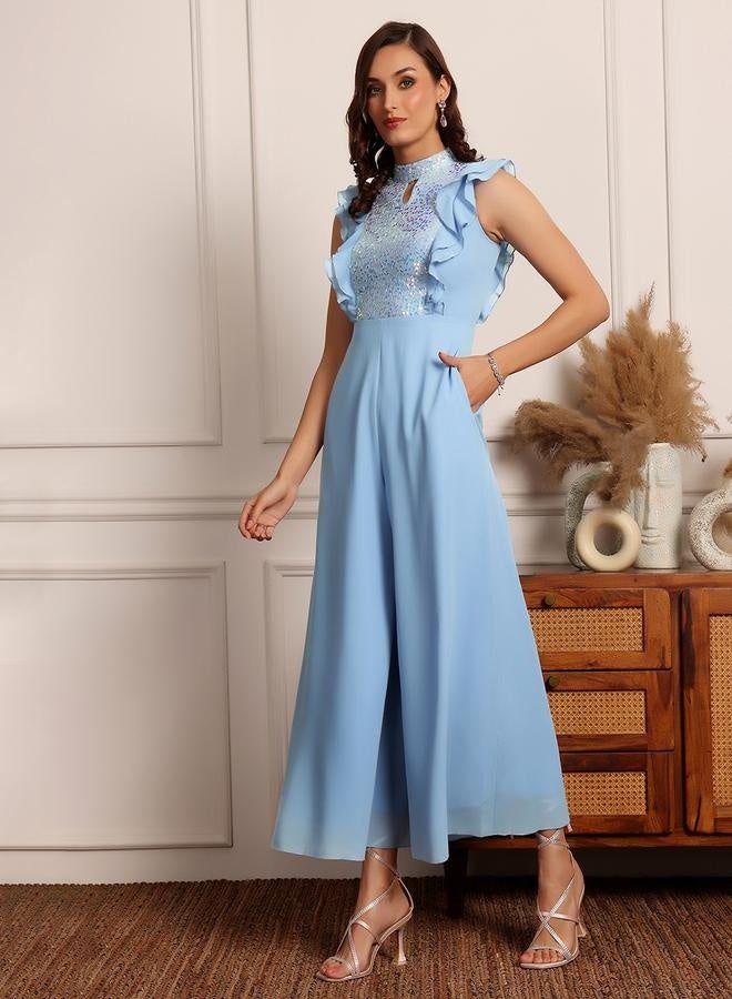 ستايلي جمبسوت بدون أكمام بياقة مزينة بفتحة مفتاح وتفاصيل كشكش - Image 2