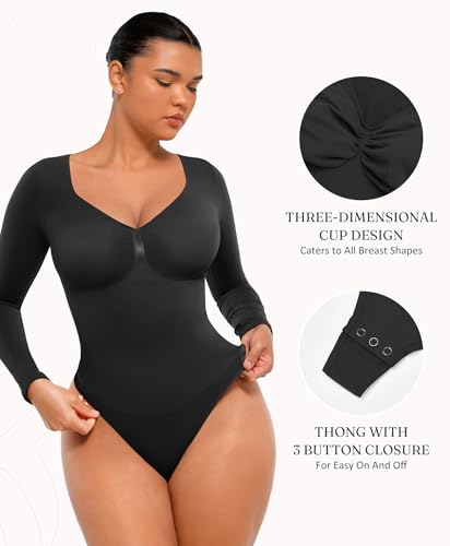 FeelinGirl Black Long Sleeve Shirt for Woman Tummy Control Bodysuit Thong Going Out Slimming Tops Black M - Image 4