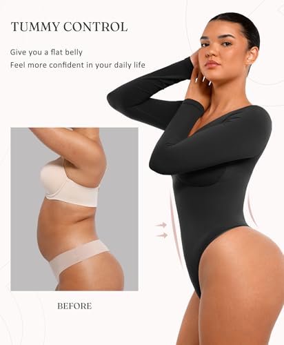 FeelinGirl Black Long Sleeve Shirt for Woman Tummy Control Bodysuit Thong Going Out Slimming Tops Black M - Image 3