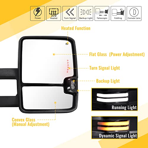Sanooer Towing Mirrors Switchback Dynamic Turn Light for 2007-2013 Chevy Silverado Suburban Tahoe GMC Sierra Yukon with Running Lights Power Glass Backup Lamp Heated Set (Black Textured) - Image 2