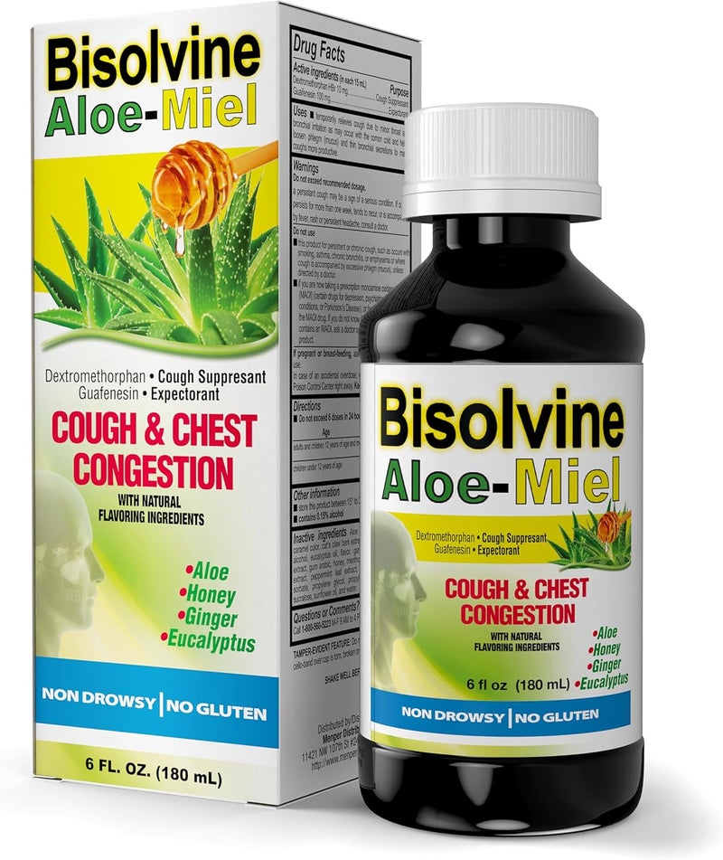Menper Bisolvine AloeMiel Cough Syrup  Effective Cough Suppressant  Expectorant with Guaifenesin  Dextromethorphan for Throat Relief  Mucus Control  Cold  Cough Relief Solution 6 fl oz 1Pack - Image 1