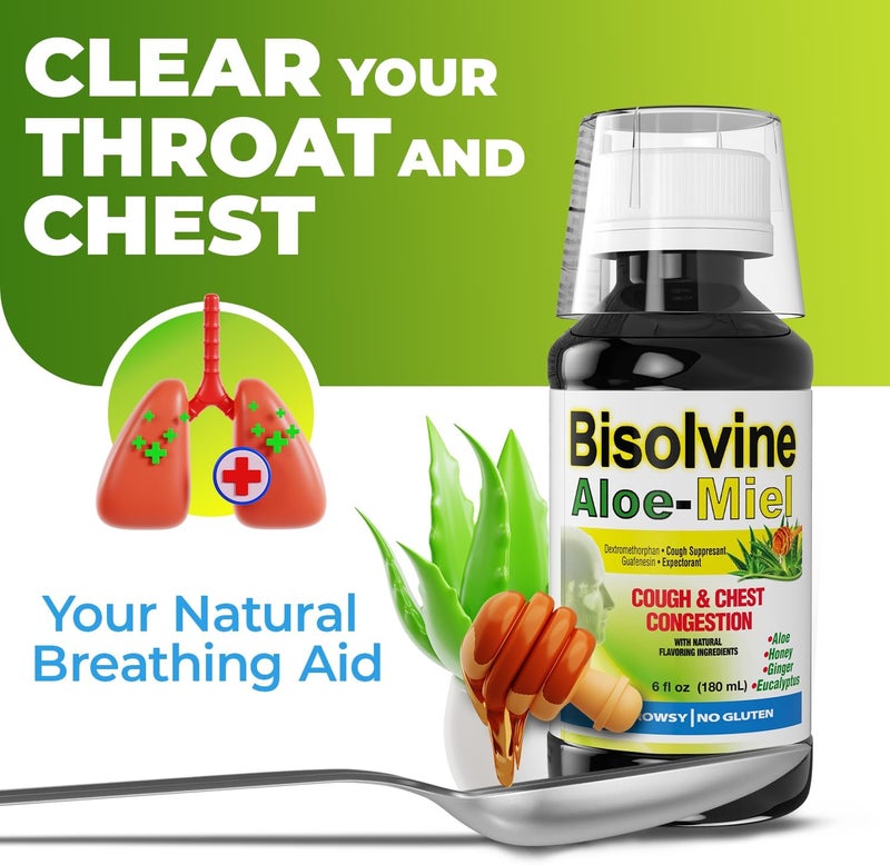 Menper Bisolvine AloeMiel Cough Syrup  Effective Cough Suppressant  Expectorant with Guaifenesin  Dextromethorphan for Throat Relief  Mucus Control  Cold  Cough Relief Solution 6 fl oz 1Pack - Image 3