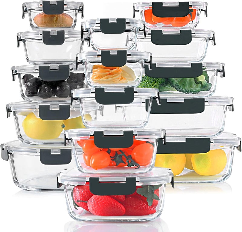 KOMUEE 30-Piece Glass Food Storage Containers Set with Snap Locking Lids - Airtight Meal Prep Containers for Microwave, Oven, Freezer & Dishwasher, Gray - Image 1