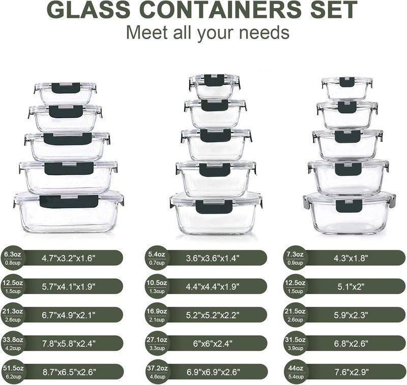 KOMUEE 30-Piece Glass Food Storage Containers Set with Snap Locking Lids - Airtight Meal Prep Containers for Microwave, Oven, Freezer & Dishwasher, Gray - Image 2