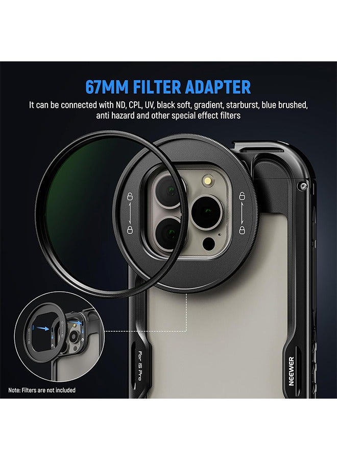 15 Pro Cage 【2nd Generation】, Quick Release Design Video Rig Phone Stabilizer with 67mm Filter Adapter, 17mm Lens Backplate, T Mount Lens Adapter Compatible with Moment T Series Lens, PA043 - Image 4