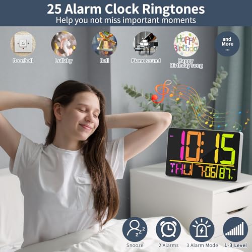 PERSUPER 13" Large Digital Wall Clock with Remote, RGB Color Changing, 25 Ringtones, 0-100% Auto/Custom Brightness, Temperature, Calendar, 12/24H, DST, Timer, for Living Room/Bedroom/Office/Elderly - Image 4