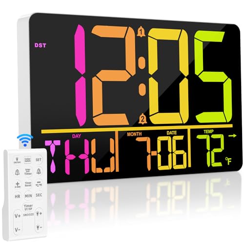 PERSUPER 13" Large Digital Wall Clock with Remote, RGB Color Changing, 25 Ringtones, 0-100% Auto/Custom Brightness, Temperature, Calendar, 12/24H, DST, Timer, for Living Room/Bedroom/Office/Elderly - Image 1