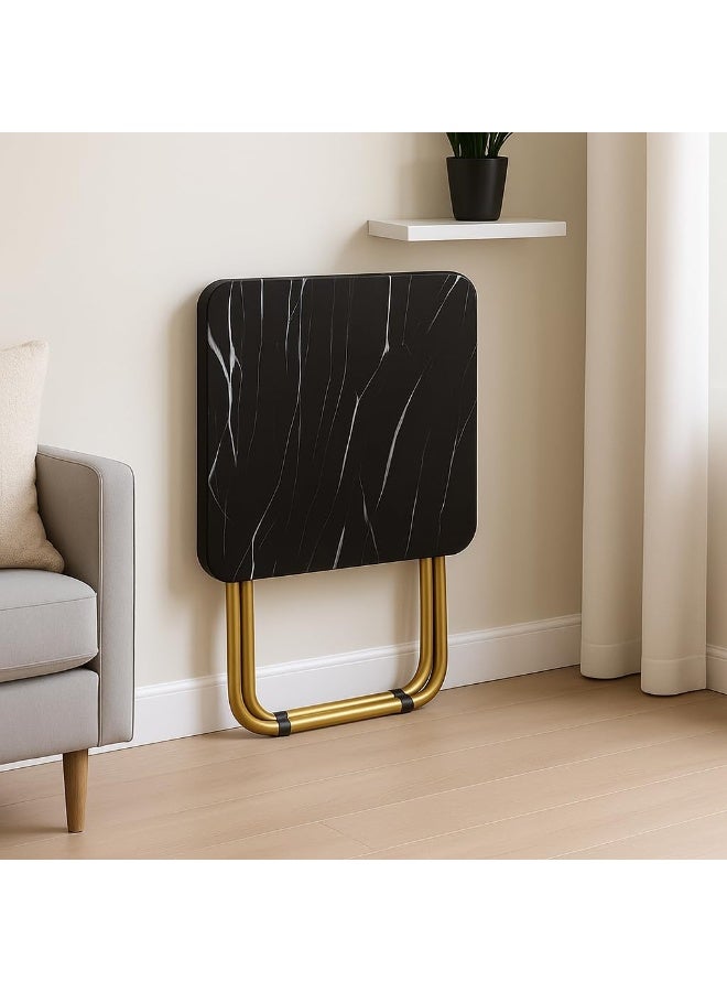 SKY-TOUCH طاولة قابلة للطي، طاولة إفطار متعددة الاستخدامات بسطح خشبي بتصميم رخامي أسود وإطار معدني ذهبي، للصلاة، تناول الطعام، جانب الأريكة، في الهواء الطلق وغرفة النوم، بدون تجميع، محمولة وتوفر المساحة - Image 4