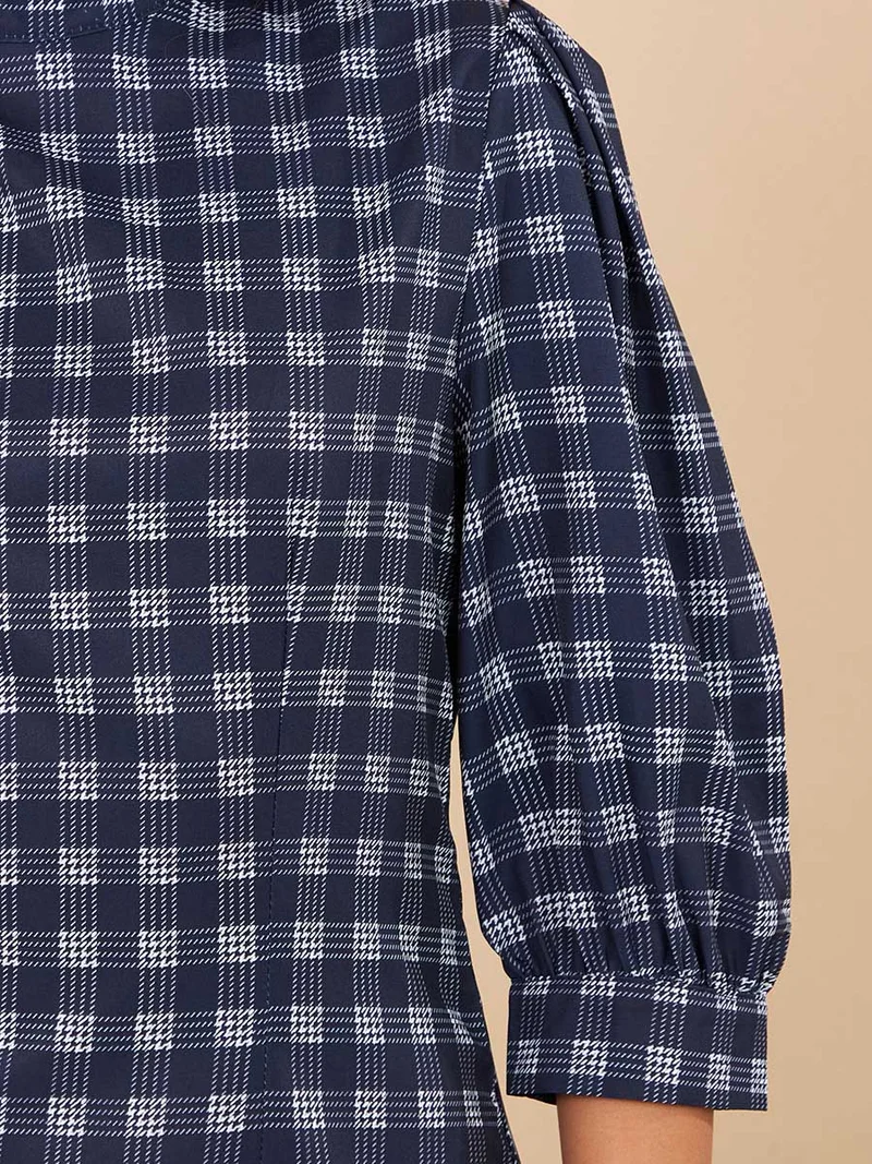 Styli 3/4 Sleeves Checked Plaid High Neck Woven Mini Dress