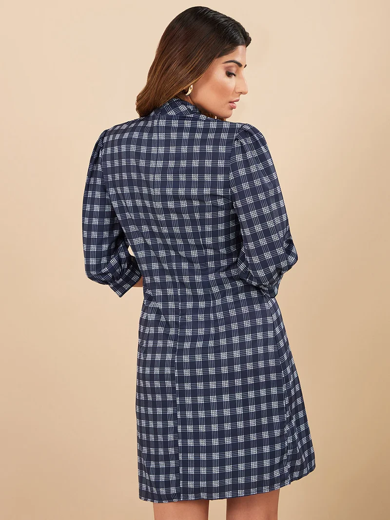 Styli 3/4 Sleeves Checked Plaid High Neck Woven Mini Dress