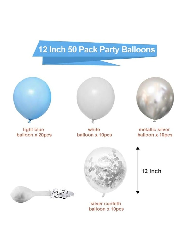 Boxwoods Blue White Silver Confetti Balloons, 50pcs 12 Inches Latex Party Balloons Helium Balloons for Birthday Baby Shower - Image 2
