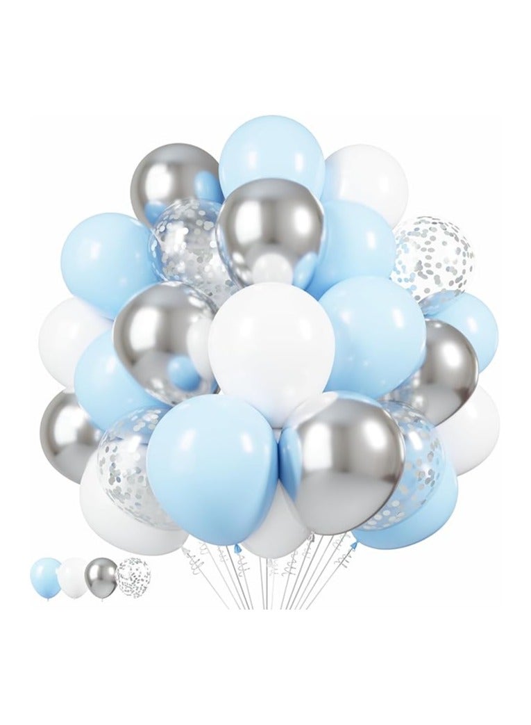 Boxwoods Blue White Silver Confetti Balloons, 50pcs 12 Inches Latex Party Balloons Helium Balloons for Birthday Baby Shower - Image 1