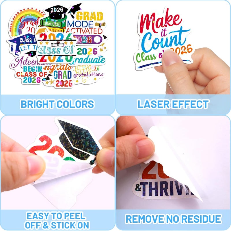 Fancy Land Holographic Class of 2026 Graduation Stickers Vinyl Waterproof Graduate Sticker Decals for Water Bottle Laptop Phone Scrapbook Journaling Supplies 50Pcs - Image 3