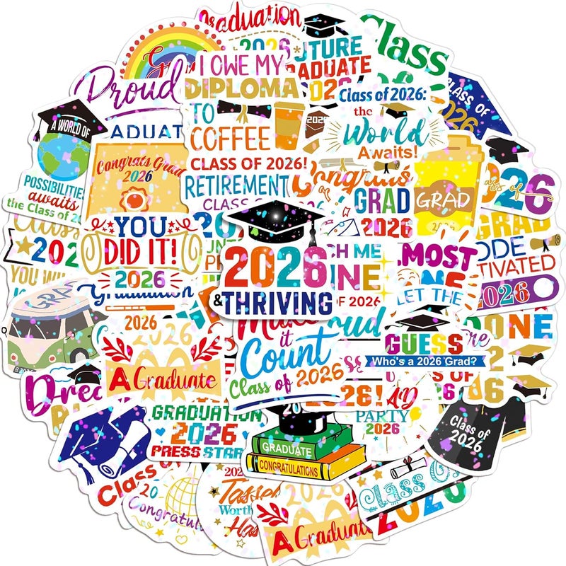 Fancy Land Holographic Class of 2026 Graduation Stickers Vinyl Waterproof Graduate Sticker Decals for Water Bottle Laptop Phone Scrapbook Journaling Supplies 50Pcs - Image 1