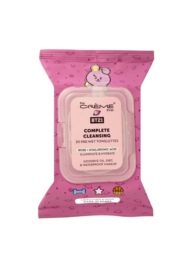 The Creme Shop Bt21 Cooky Complete Cleansing Towelettes Rose & Hyaluronic Acid (20 Prewet Towelettes) 
