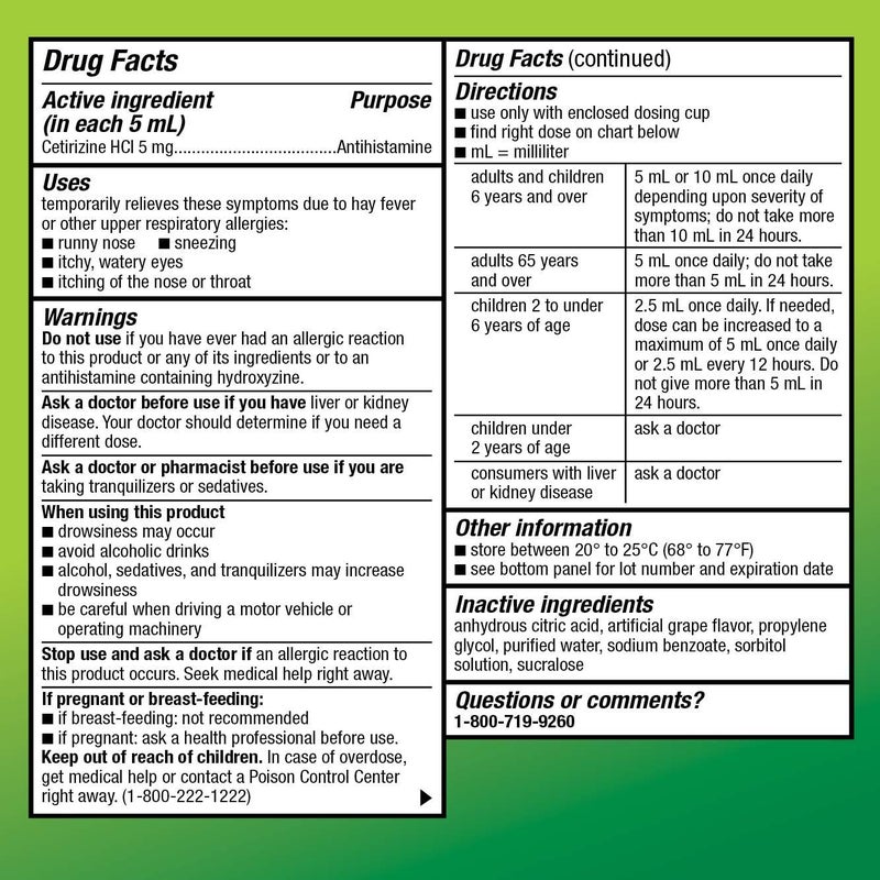 Care 24 Hour Allergy Relief for Children Cetirizine Hydrochloride Oral Solution 1 mgmL Grape Flavor Dye Free 8 fl oz Pack of 1 - Image 4