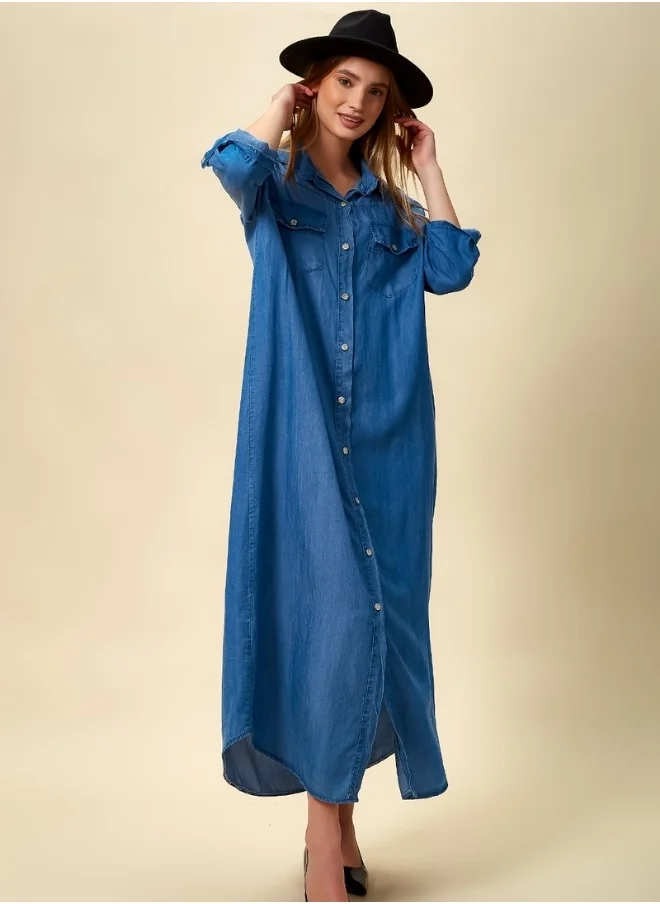 Hoxton Gal Oversized Denim Maxi Dress with Pocket Details