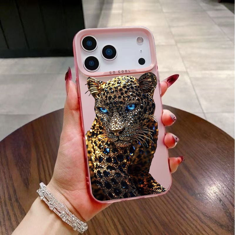 Apple iPhone 17 Pro phone case with a leopard blue light pink cartoon creative design drop-proof protective case