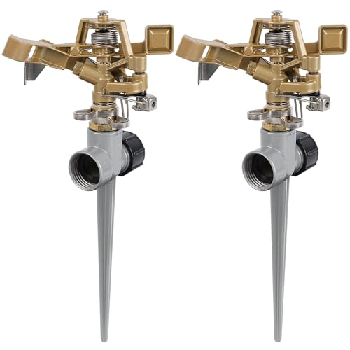 Biswing 2 Pack Impact Sprinklers with Stand (Spike), Heavy Duty Zinc Alloy Lawn Sprinkler Head on Spike Base, Adjustable Watering Sprinkler for Large Area Grass Yards Patio Garden Irrigation - Image 1