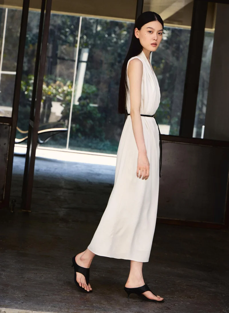 Lichi  Lightweight midi dress with a wrap imitation and eco-leather belt for Women | Best Price UAE
