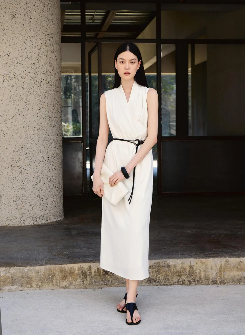 Lichi  Lightweight midi dress with a wrap imitation and eco-leather belt for Women | Best Price UAE