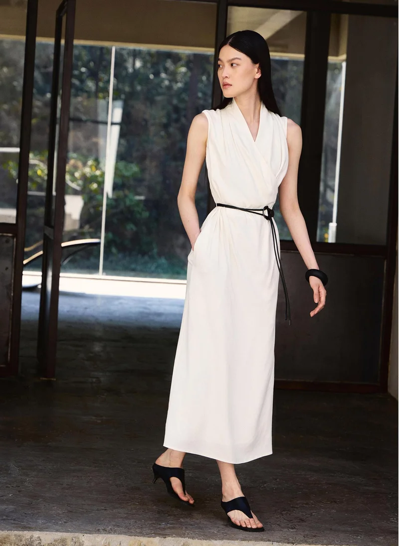 Lightweight midi dress with a wrap imitation and eco-leather belt