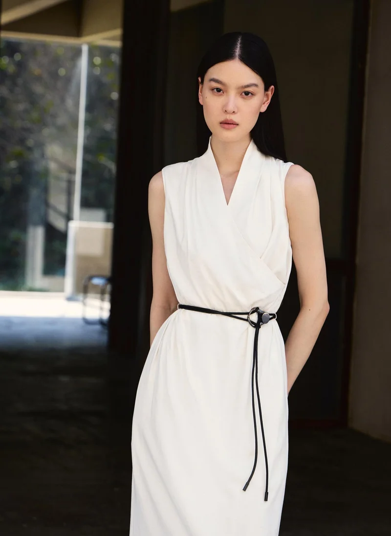Lichi  Lightweight midi dress with a wrap imitation and eco-leather belt for Women | Best Price UAE
