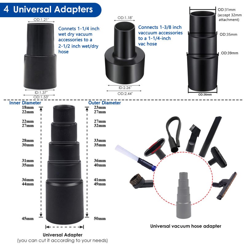 BGSIME 12 PCS Vacuum Attachments & Brushes Kit for Shop Vac Accessories & Household Cleaning, Includes 2 1/2" to 1 1/4" and 1 7/8" to 1" Vacuum Hose Adapters, Crevice Tool & 2 Vacuum Extension Wands - Image 3