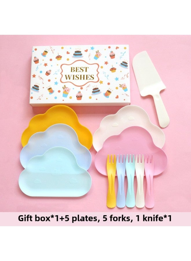 Birthday Dinner Plate Cake Tableware Food Grade Plastic Dinner Plate Disposable Paper Plate Candle Wet Wipes Four-in-one-Color:Basic Colorful Clouds For Five People - Image 1