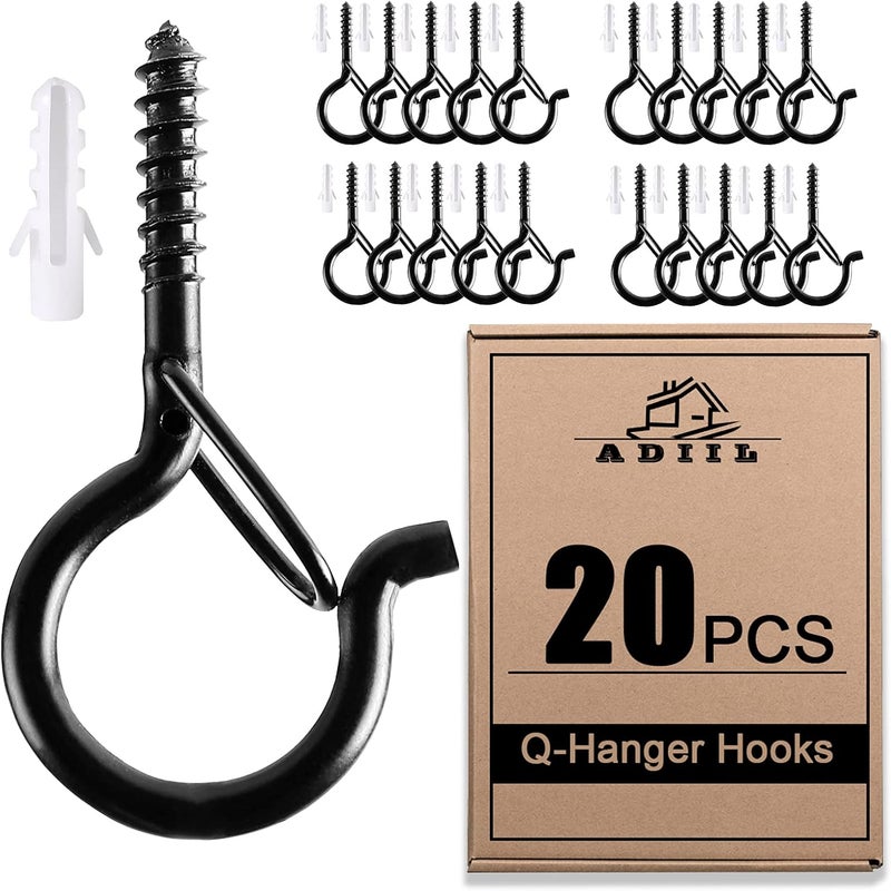 ADIIL 20 PCS Q Hanger Hooks with Safety Buckle, Windproof Screw Hooks for Hanging Outdoor String Lights, Plants, Christmas Patio Lights, 2.2 Inches, Black - Image 1