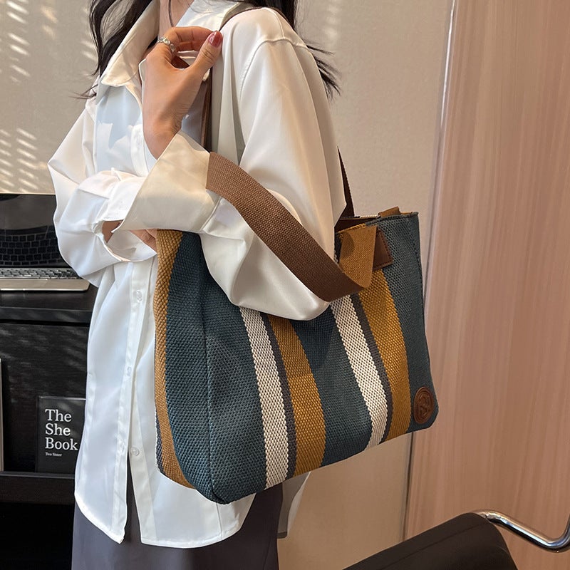 Large Capacity Nylon Striped Shoulder Bag for Women Tote - Image 3