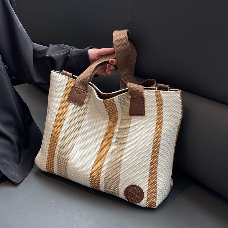 Large Capacity Nylon Striped Shoulder Bag for Women Tote - Image 1