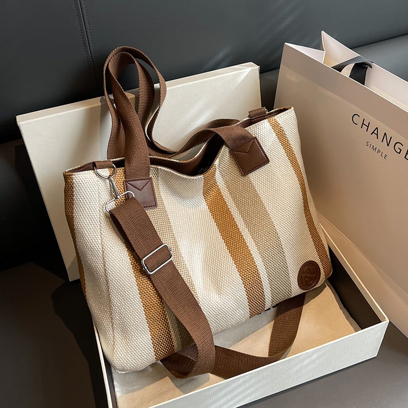 Large Capacity Nylon Striped Shoulder Bag for Women Tote - Image 2