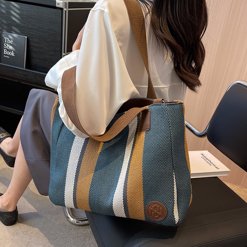 Large Capacity Nylon Striped Shoulder Bag for Women Tote - Image 4