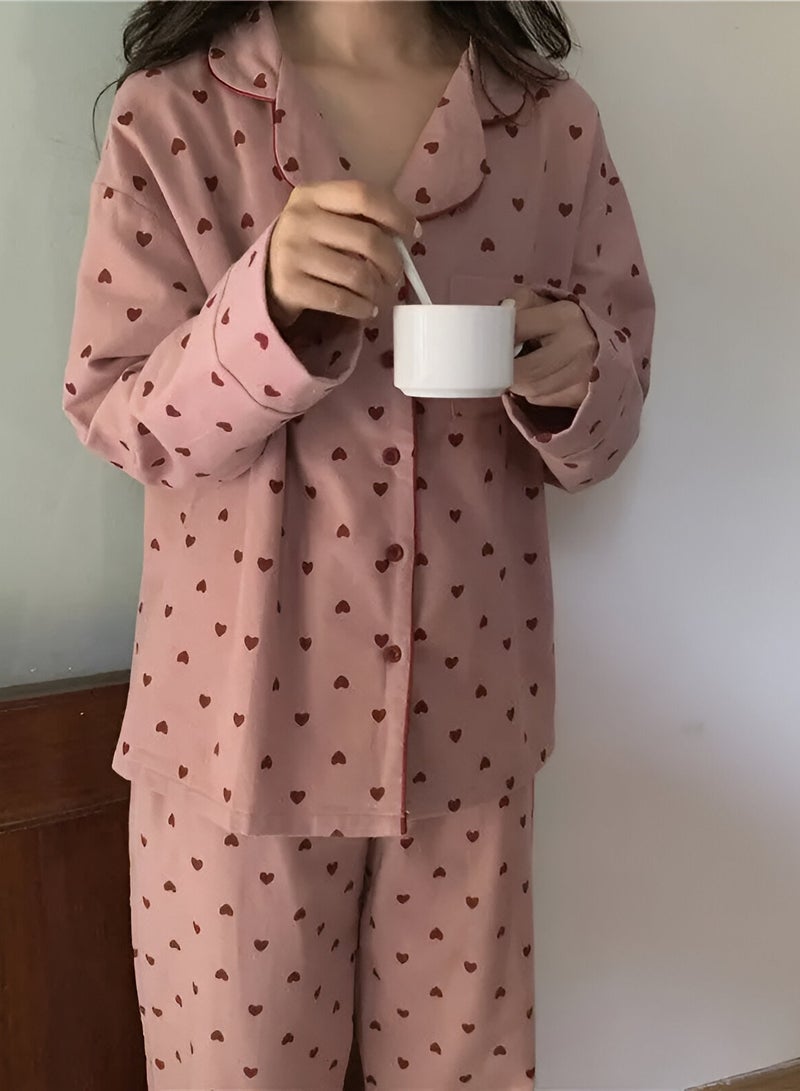 Women's pink pajama set with red heart print - Image 3