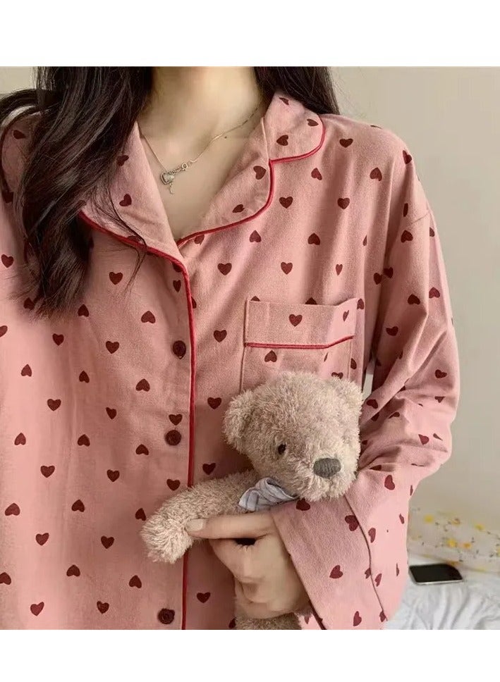 Women's pink pajama set with red heart print - Image 2